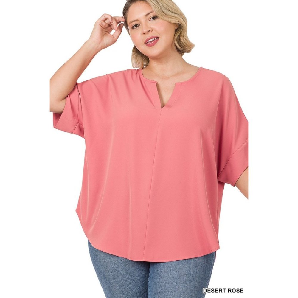 Curvy Span Split Neck Top in Desert Rose